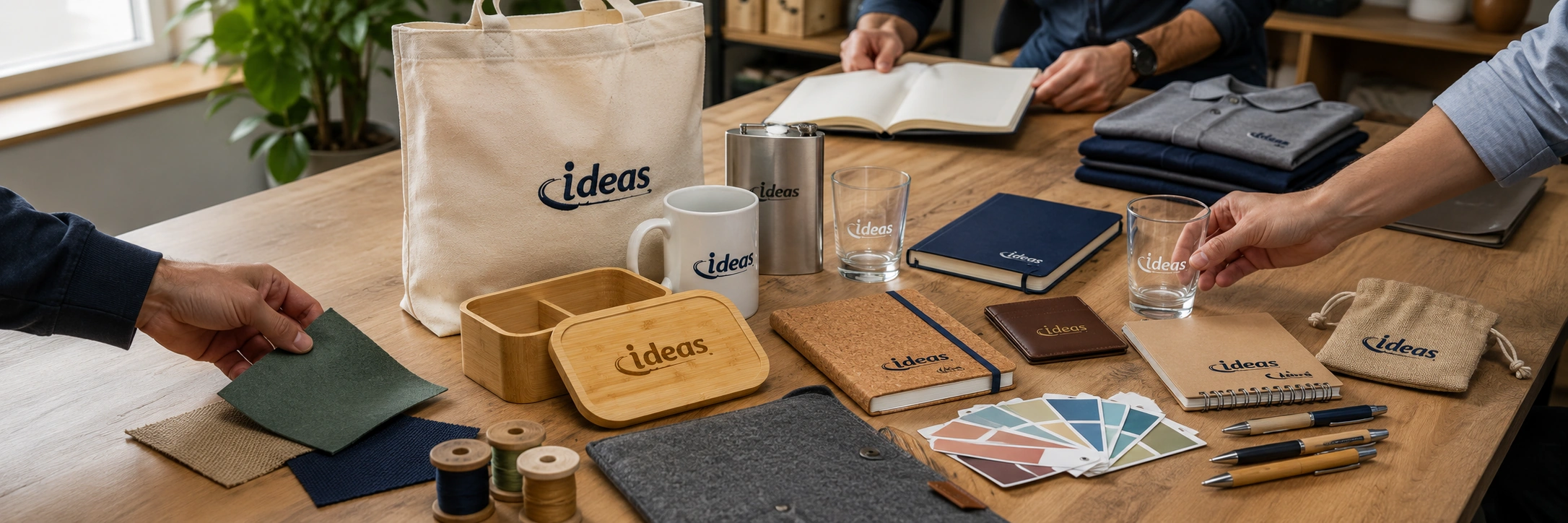 One idea, endless possibilities: branded polo shirts, tote bag, mug, flasks, cap, notebooks and pens laid out with fabric, colour and finish swatches